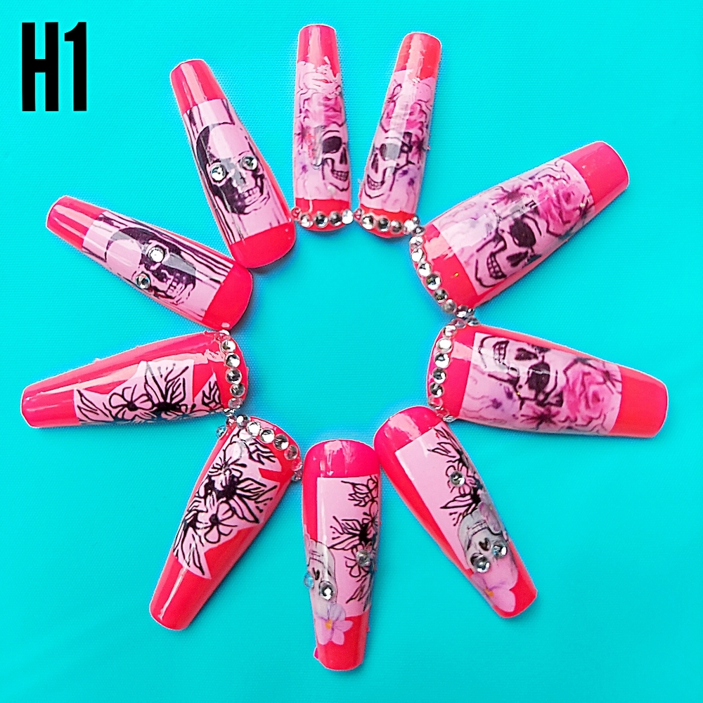 Press On Nails Hand Crafted, Long Length, Hot🔥Pink With Skulls & Gemstones